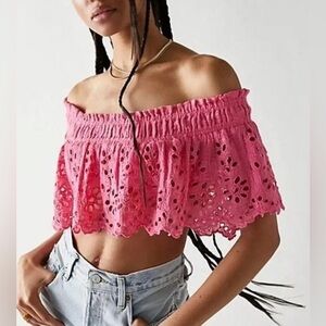 NWOT Free People One Perla Pink Eyelet Off Shoulder Blouse Crop Top